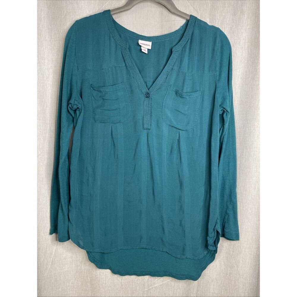 Merona Womens Size Small Teal Green Solid V-Neck Blouse 3/4 roll up sleeves.